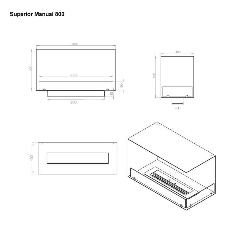Dimensions and design blueprint of the Superior Manual 800 bioethanol fireplace showcasing installation specifics.