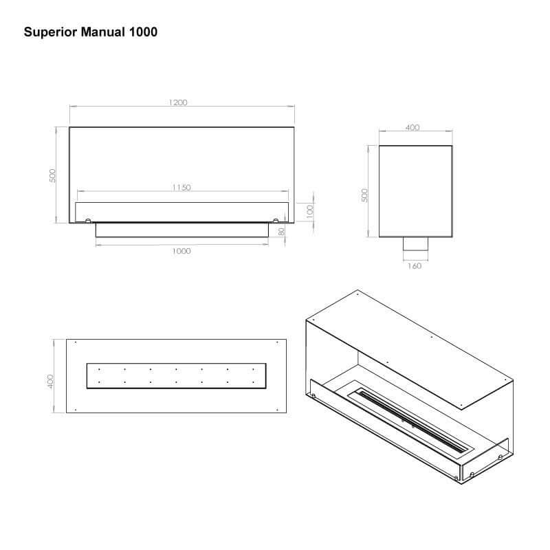 Dimensions and design specifications for the Superior Manual 1000 bioethanol fireplace insert.