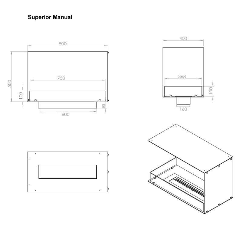 Dimensions and design schematic of the Fireplace Foco Corner Left 800 bioethanol fireplace.