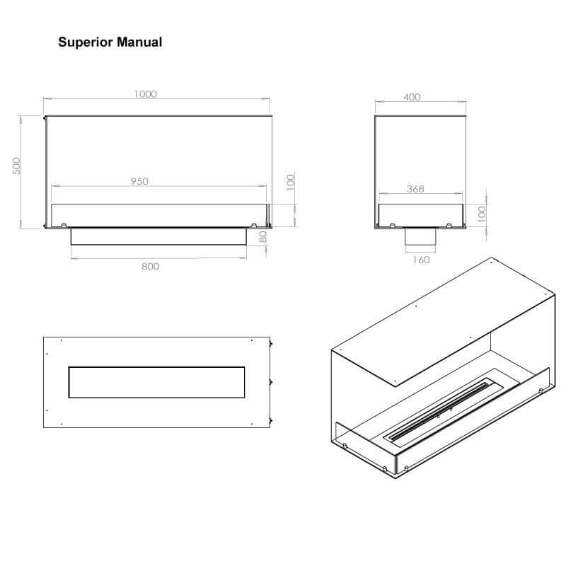 Technical drawing for the Foco Corner Left 1000 bioethanol fireplace with measurements and dimensions.