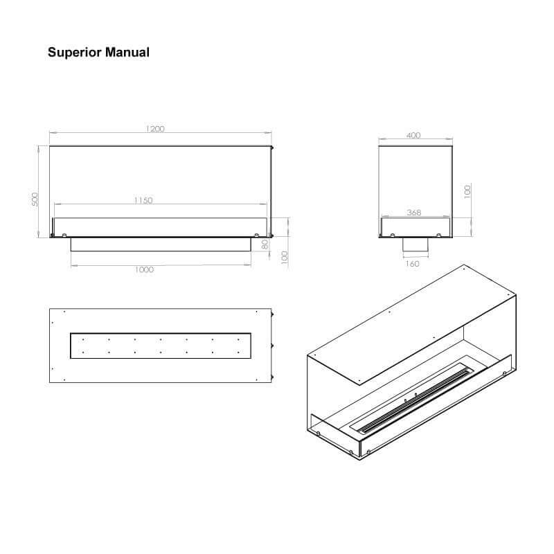 Technical drawing of the Fireplace Foco Corner Left 1200 bioethanol fireplace dimensions and design details.