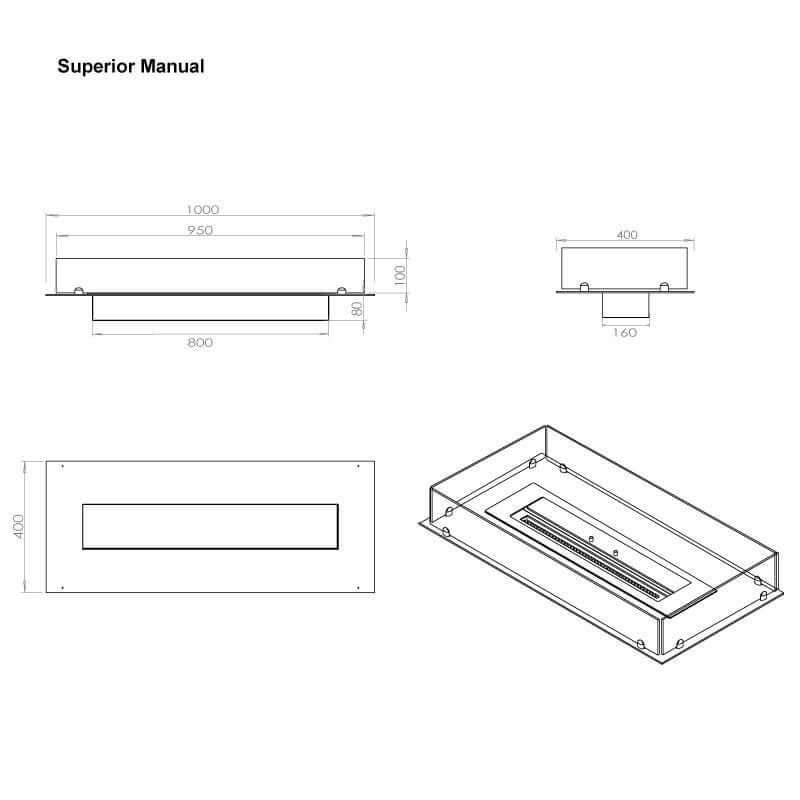 Technical drawing of the Superior Manual bioethanol fireplace insert dimensions and layout.