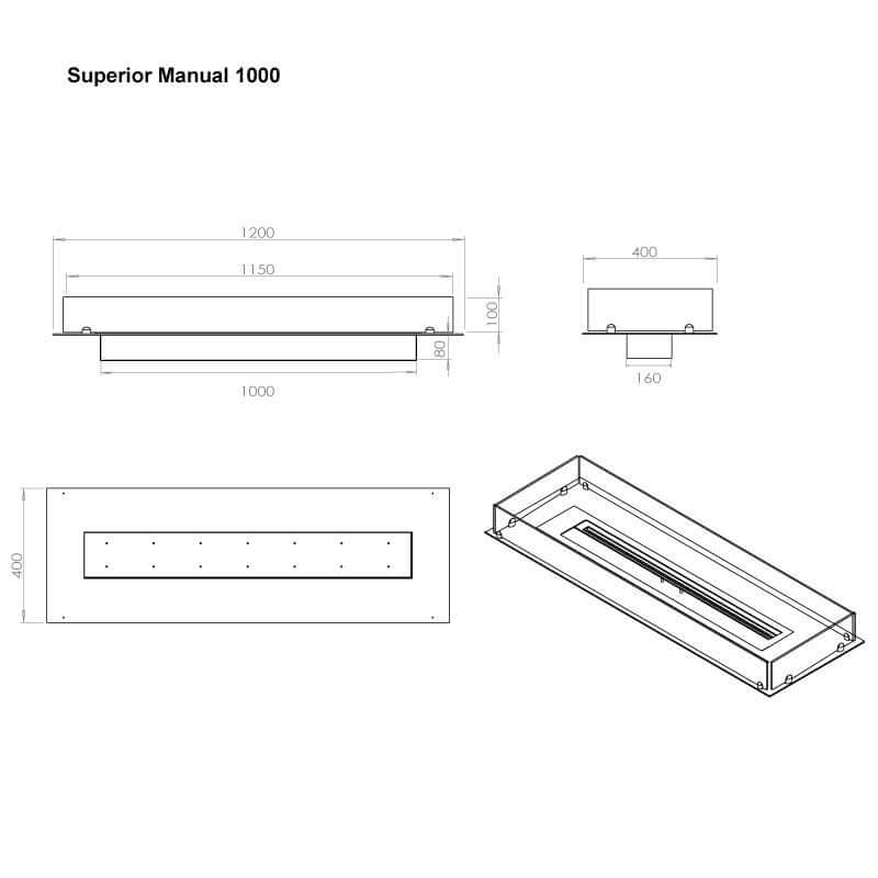 Dimensions and design diagram of Superior Manual 1000 bioethanol fireplace insert.