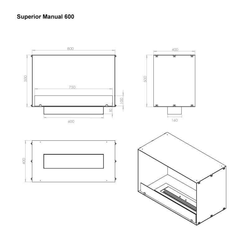 Technical drawing of the Superior Manual 600, featuring dimensions and design for a built-in bioethanol fireplace.