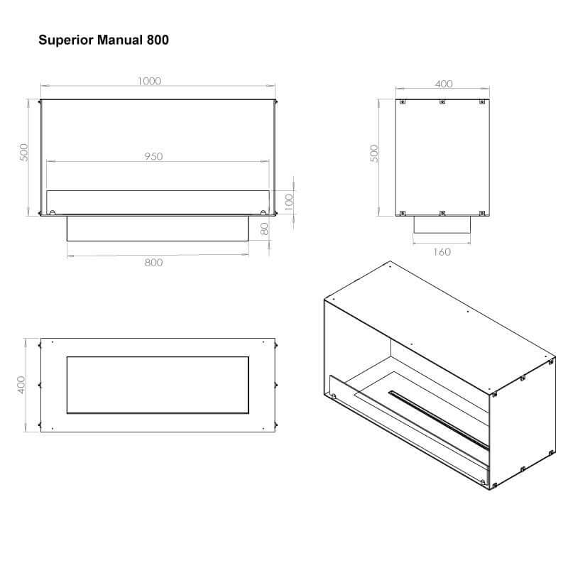 Technical drawing of the Superior Manual 800 bioethanol fireplace dimensions and installation details.