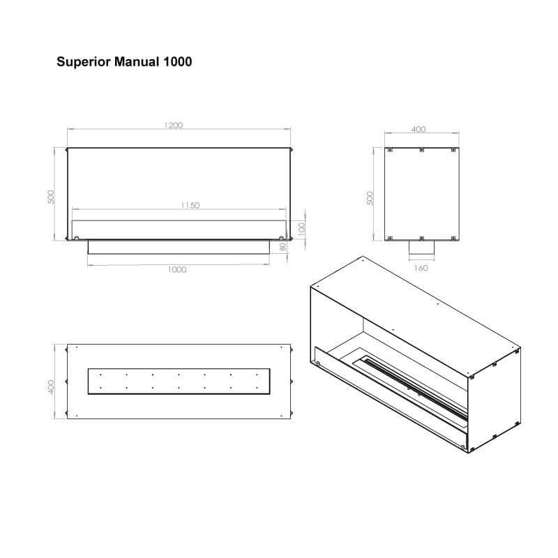 Dimensions and specifications of the Superior Manual 1000 bioethanol fireplace insert with detailed drawings.
