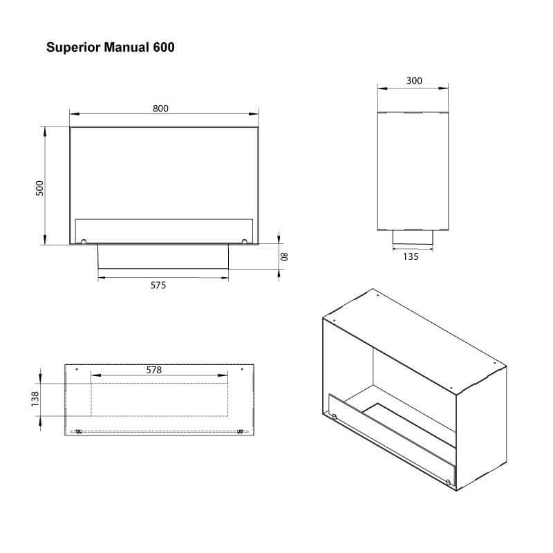 Technical drawing of Superior Manual 600 bioethanol fireplace, showing dimensions and design details for installation.