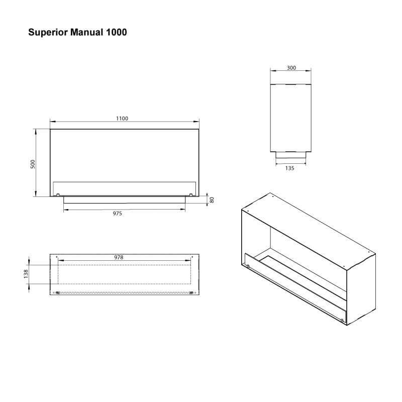 Dimensions of Superior Manual 1000 bioethanol fireplace with measurements for installation and design reference.