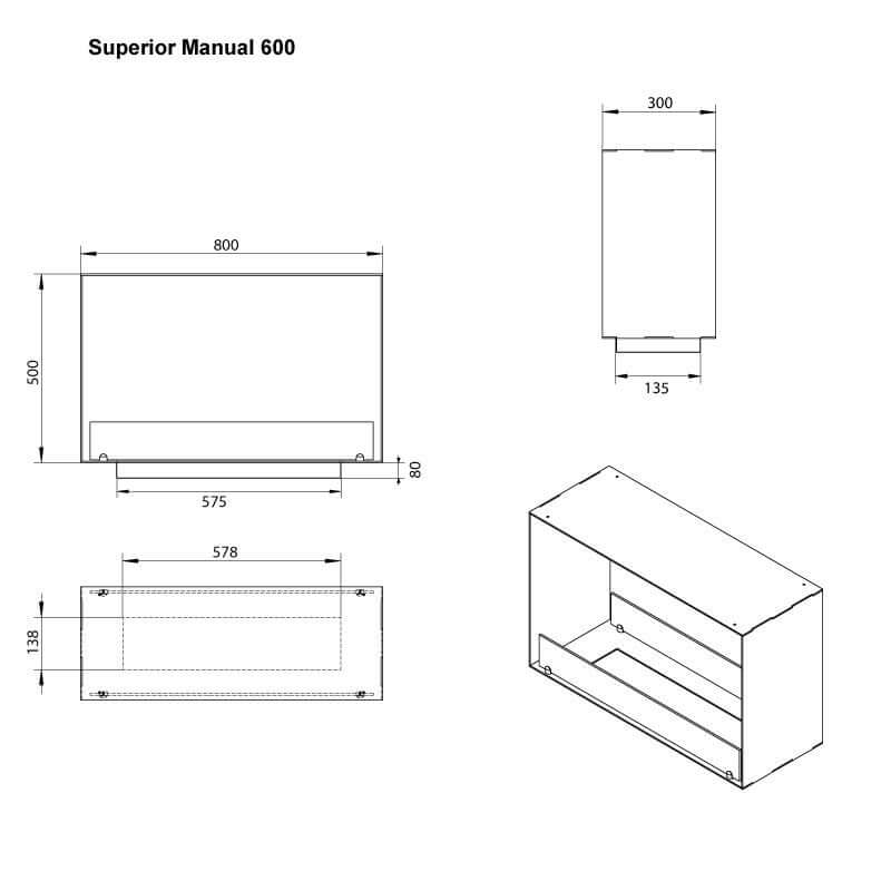 Diagram of Superior Manual 600, showing dimensions and design details for a bioethanol fireplace insert.