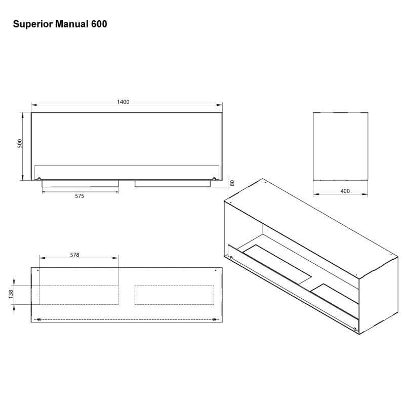 Dimensions diagram of the Superior Manual 600, showcasing its design and measurements for installation.