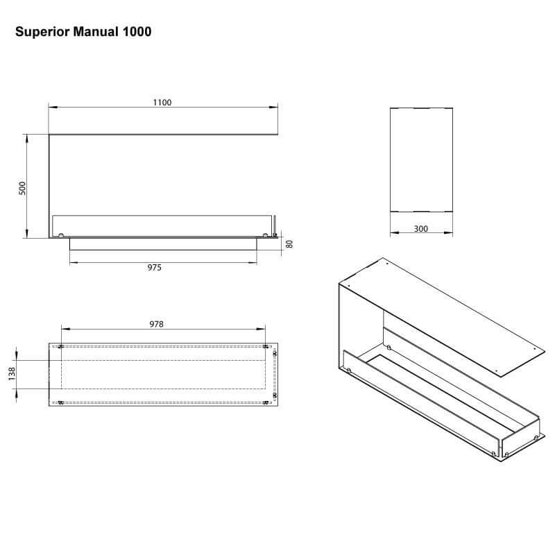 Dimensions for Superior Manual 1000 bioethanol fireplace insert, showcasing length, width, and height specifications.