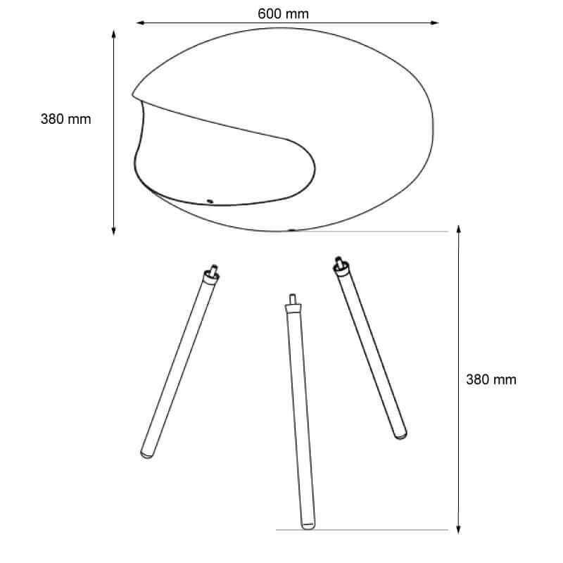 Dimensions and parts diagram of Cocoon Terra bioethanol fireplace in matte black with steel legs.