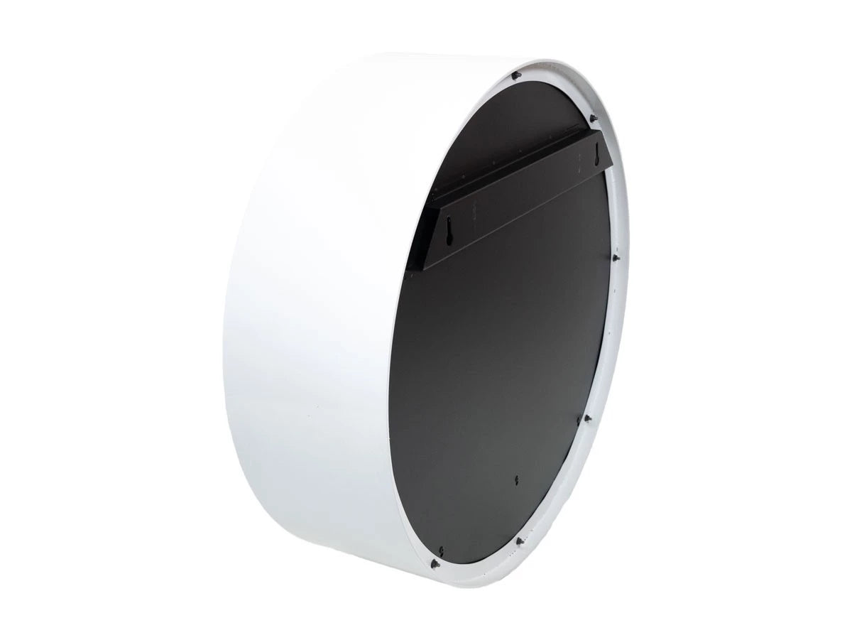 Delaware White round wall mounted bioethanol fireplace with black interior, contemporary design, and adjustable flame features.