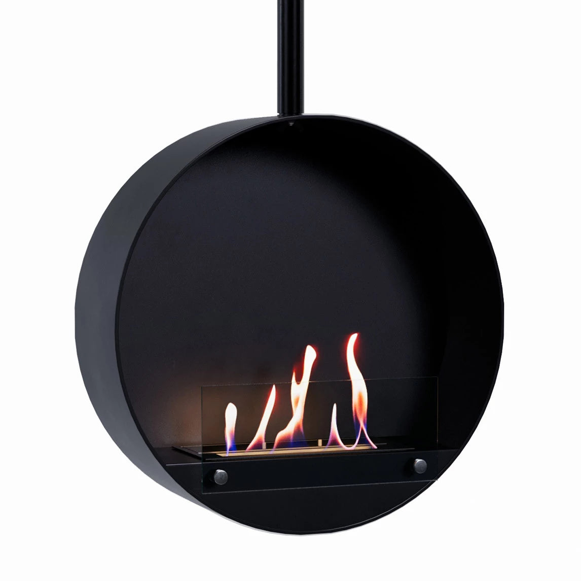 Ottawa Black suspended bioethanol fireplace with vibrant flames, 50 cm diameter, modern design for indoor ambiance.