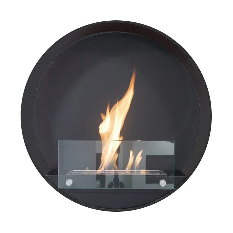 Delaware Black round wall mounted bioethanol fireplace with safety glass and flame, perfect for contemporary interiors.