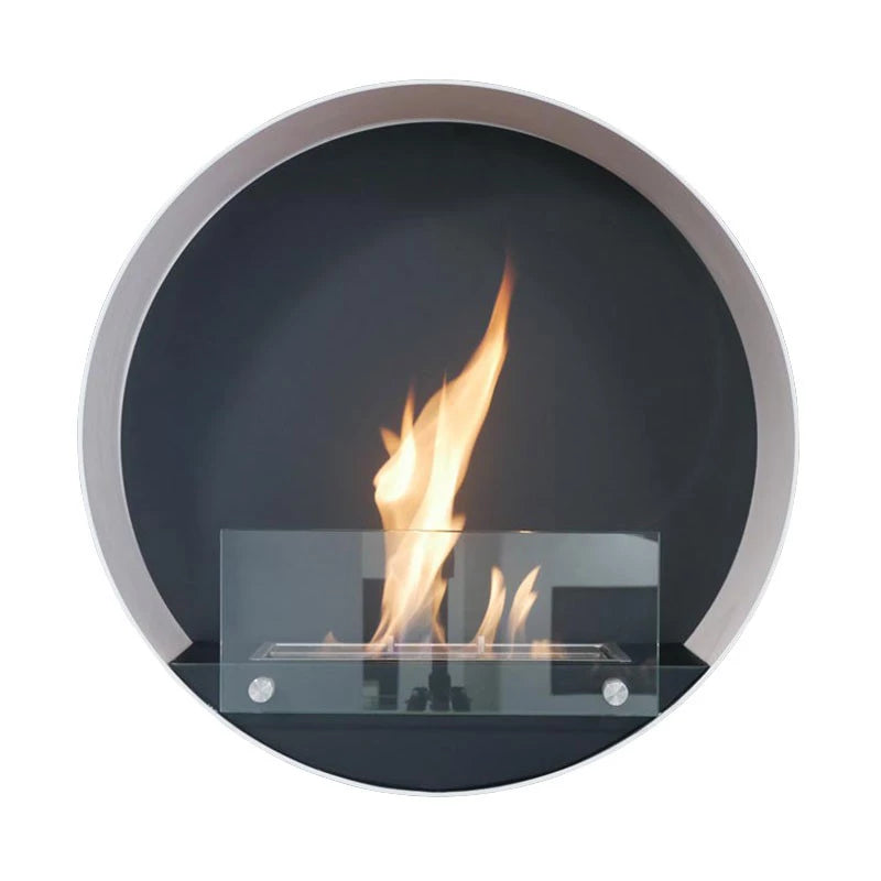 Round wall mounted bioethanol fireplace with orange flames and sleek black background, stylish modern design for any interior.