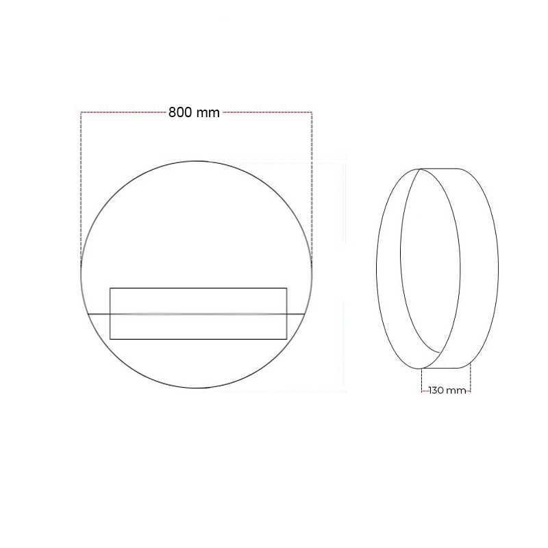 Delaware XL fireplace dimensions diagram, Ø80 cm round design with 130 mm depth, eco-friendly bioethanol fireplace.