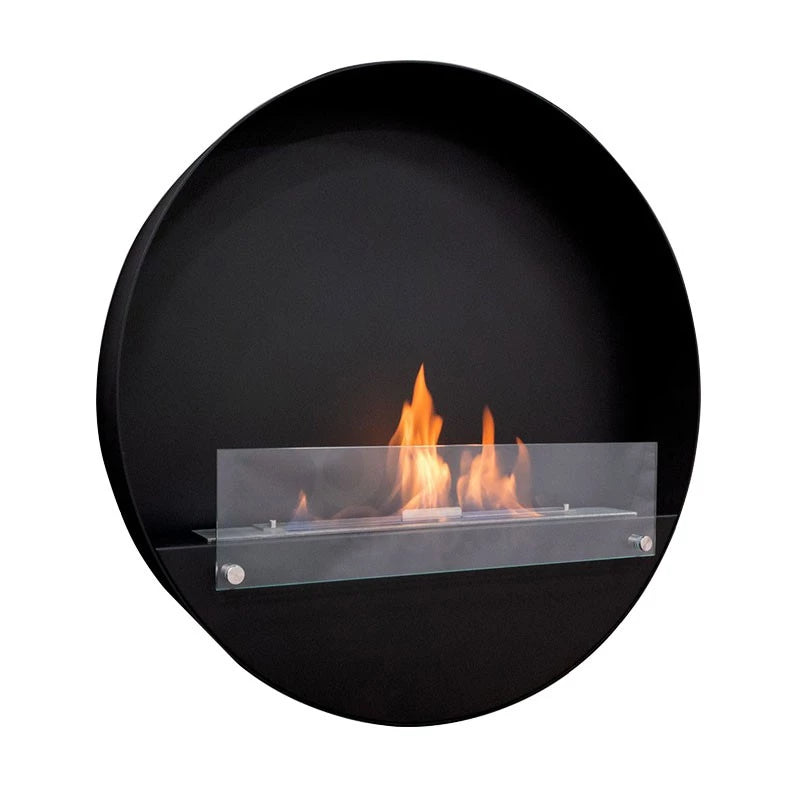 Delaware XL black round bio fireplace with transparent front, showcasing eco-friendly flames, Ø80 cm design.