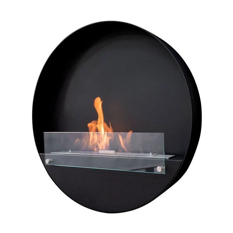 Delaware XL black round bio fireplace Ø80 cm with clear glass and lively flames, eco-friendly design for wall mounting.