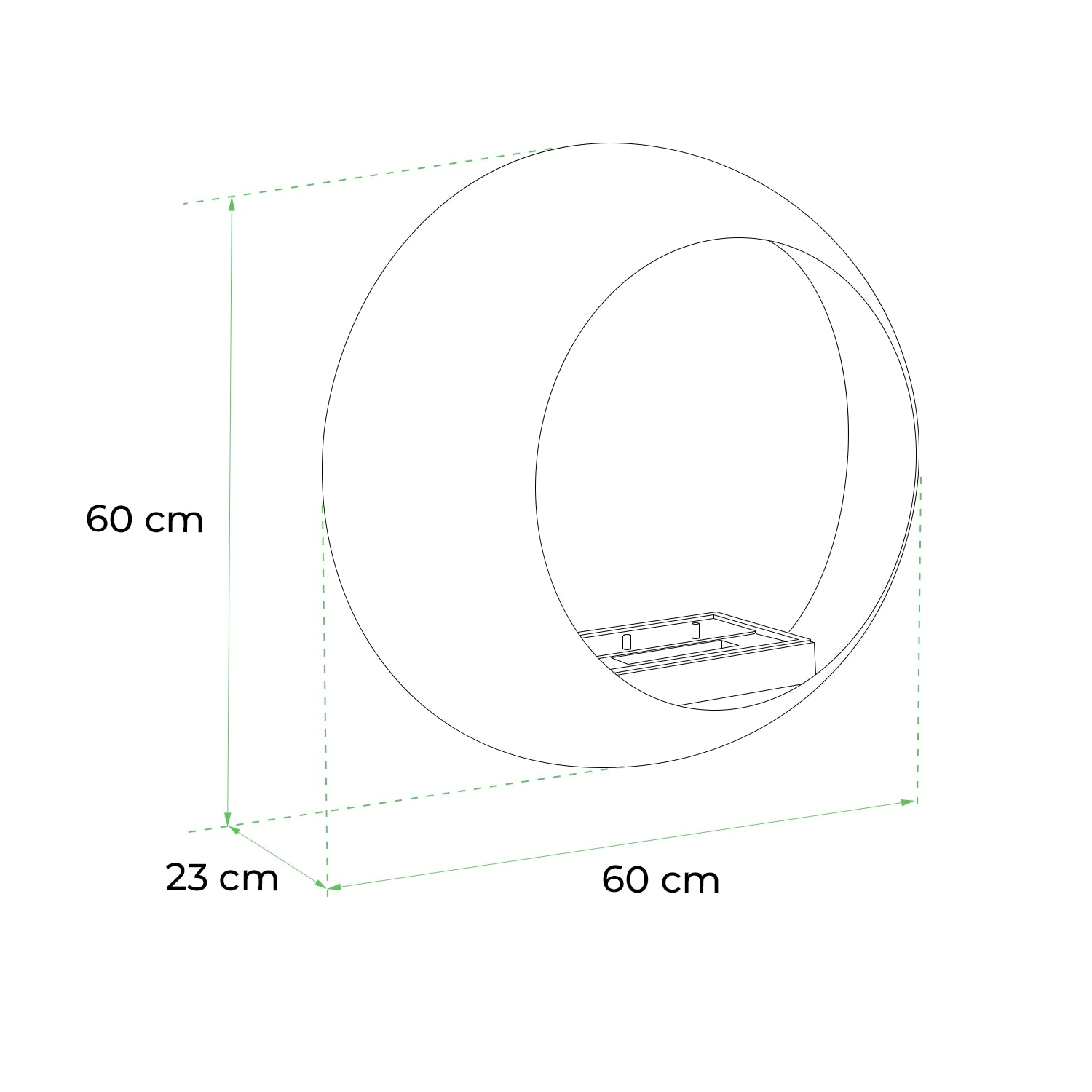 Diagram showing dimensions of Colorado Wall Mounted Bioethanol Fireplace, 60 cm diameter, 23 cm depth.