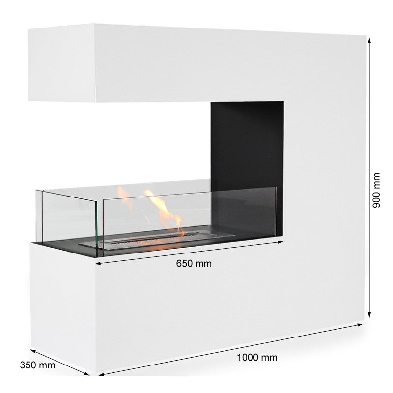 Topeka White freestanding bioethanol fireplace with glass shield and modern design, showcasing dimensions and flames.