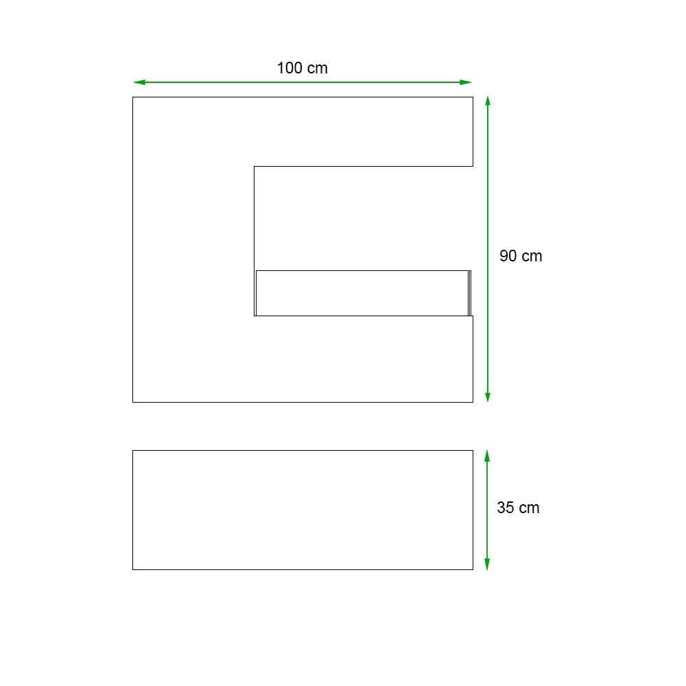 Diagram displaying dimensions of a large letter 'E' and a rectangular base, sizes in centimeters.
