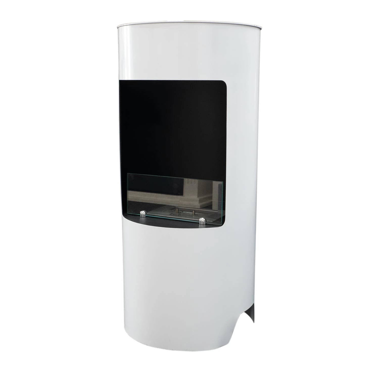 Modern white freestanding bioethanol wood-stove with glass front, elegant and contemporary design.