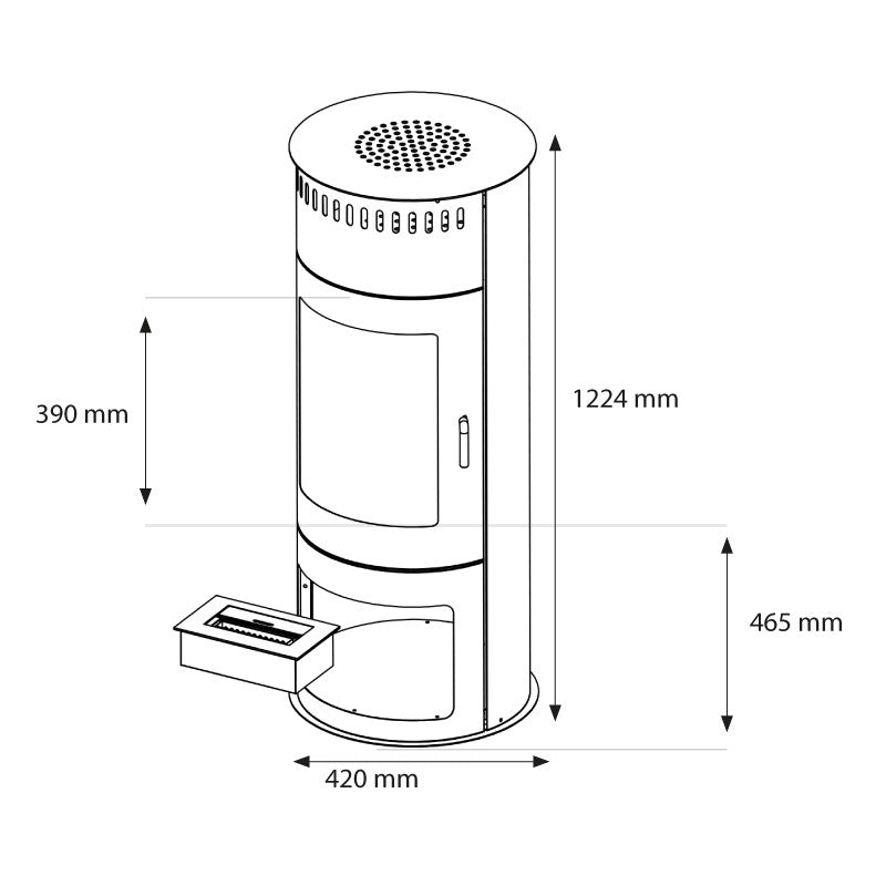 Technical drawing of Washington bioethanol wood-burning stove with dimensions and features.