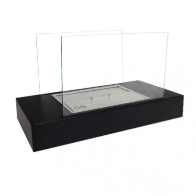 Freestanding black bioethanol fireplace with two glass panels for enhanced visibility of flames.