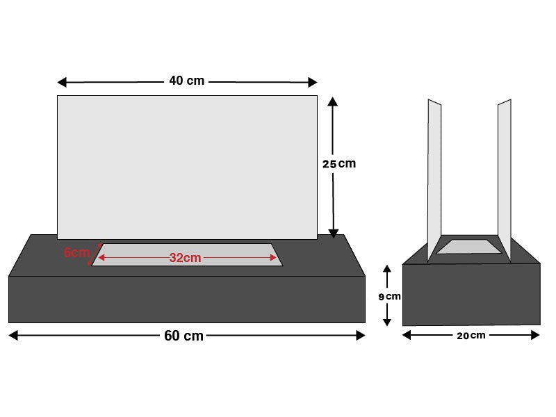 Dimensions of a freestanding black bioethanol fireplace with glass sides, showing measurements in cm.