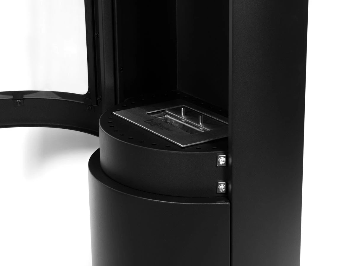 Interior view of a Richmond bioethanol fireplace stove showing fuel tray and sleek design with flat back for wall placement.