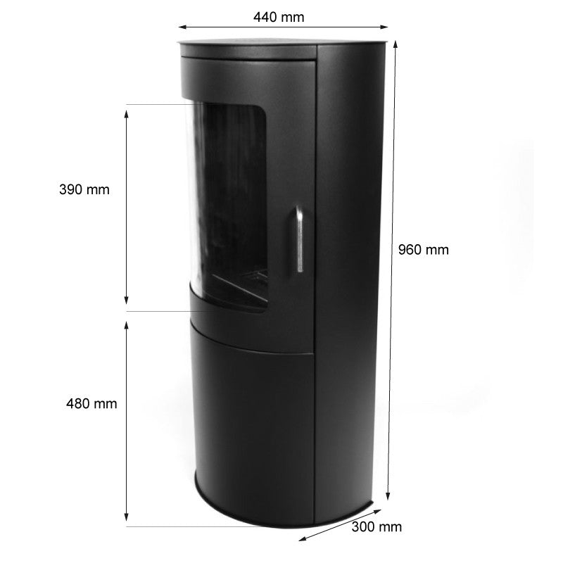 Dimensions of Richmond Bioethanol Fire Stove with flat back, showcasing a sleek freestanding design.