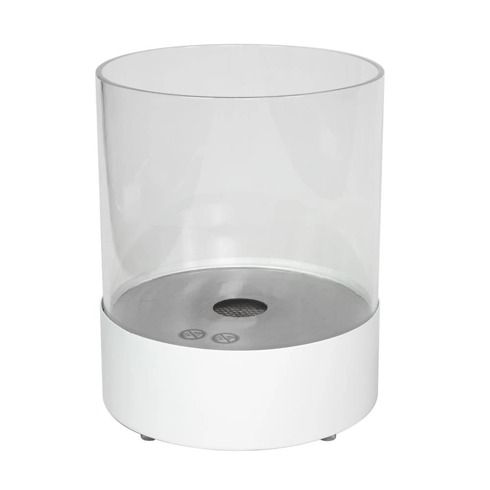 Southwark white round tabletop bioethanol fireplace with glass and stainless steel base for indoor and outdoor use.