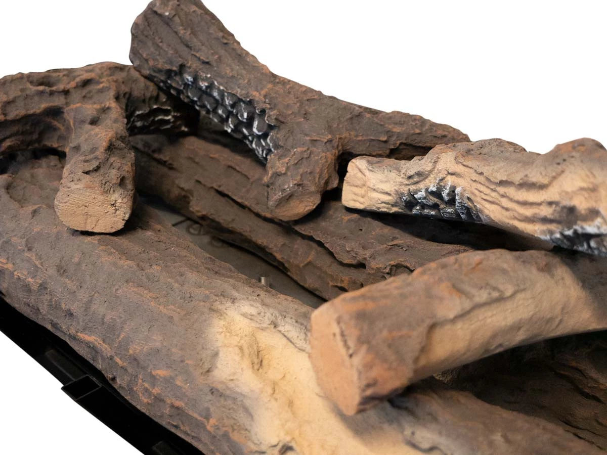 Close-up of ceramic wood logs designed for bioethanol fire grates, adding a realistic touch to modern fireplaces.