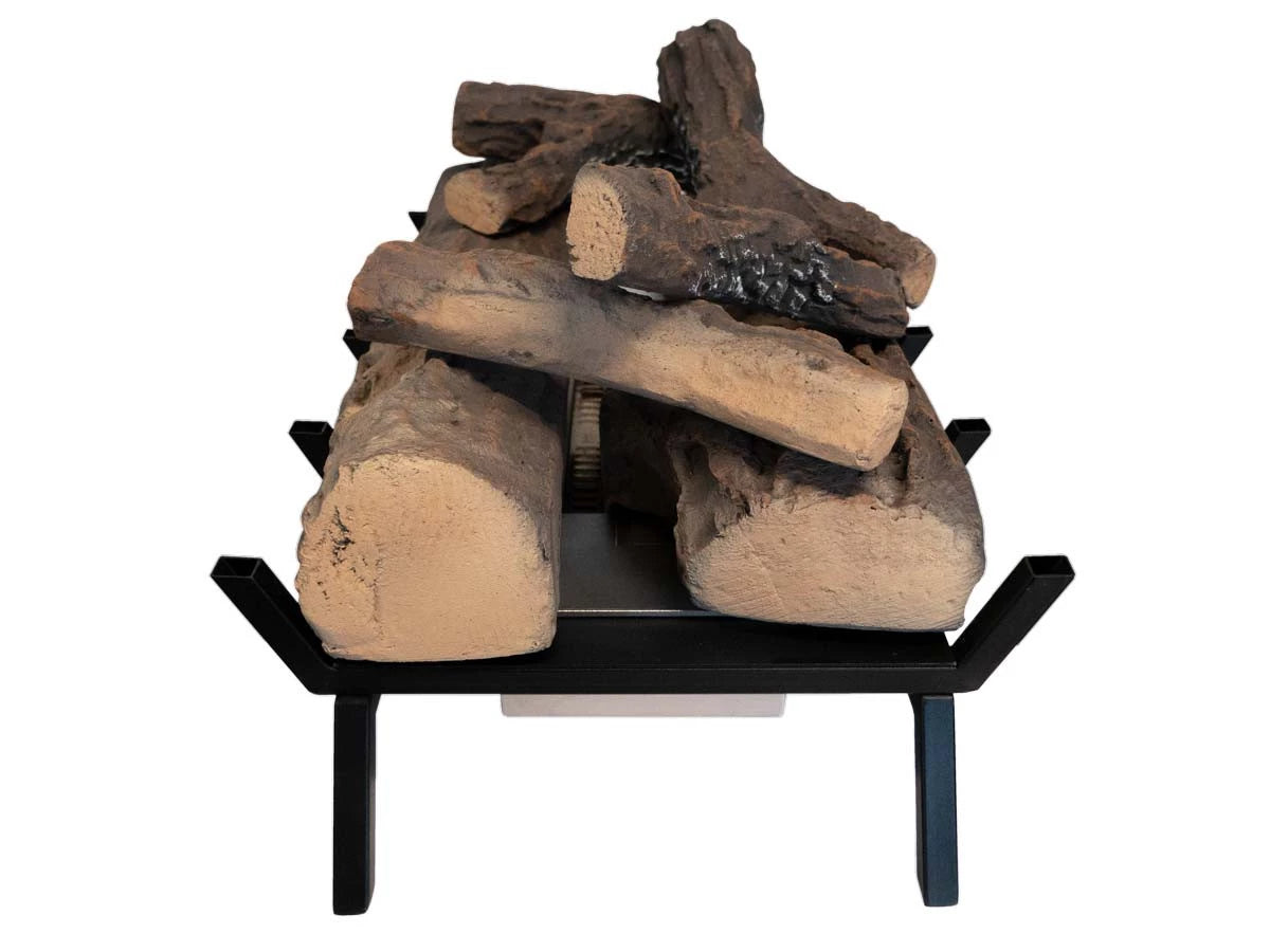 Freestanding bioethanol fire grate with ceramic wood logs, modern fireplace insert for stylish warmth.