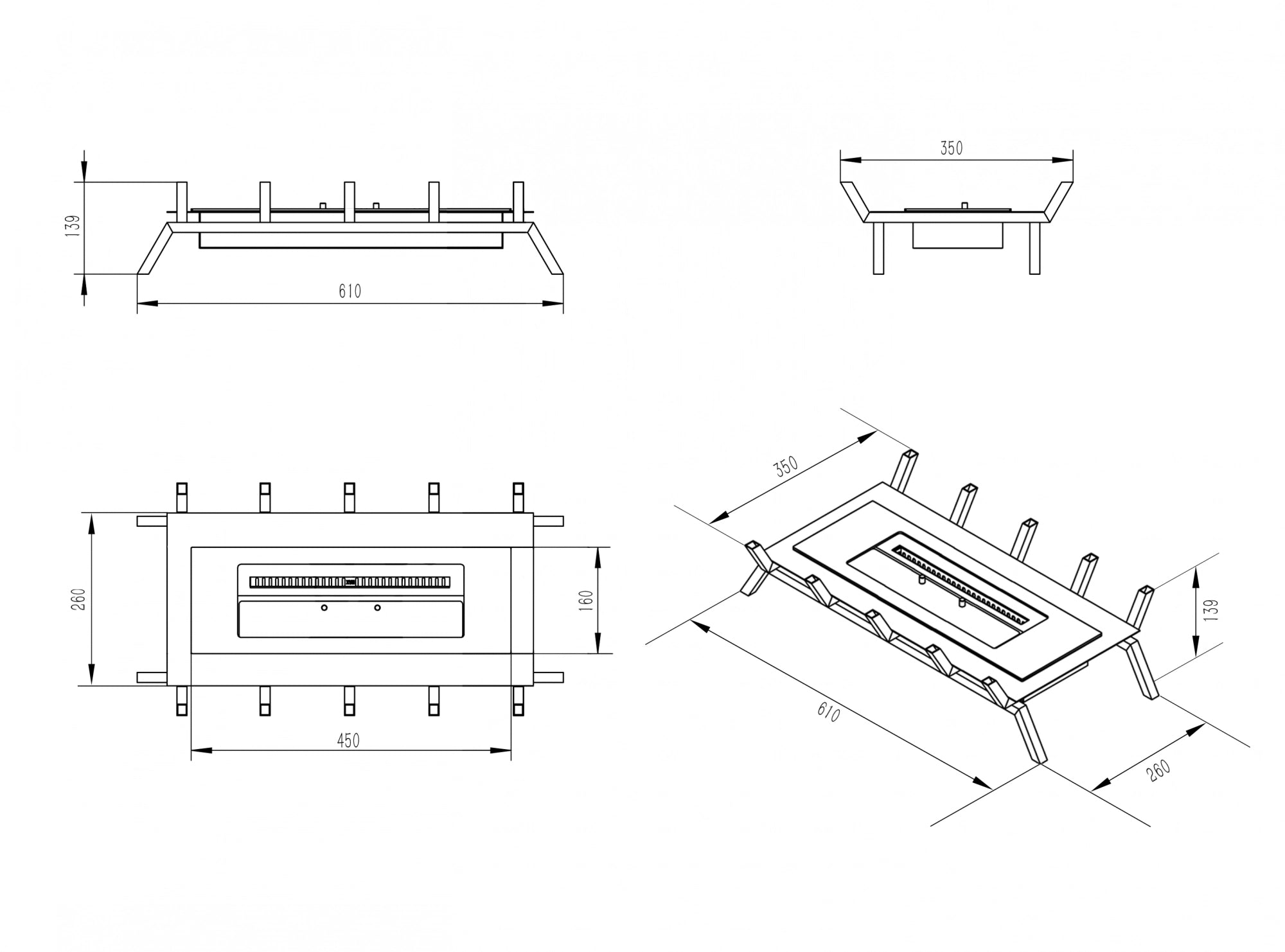 Technical drawing of a 60 cm bioethanol fire grate, showing dimensions and design features for modern fireplaces.
