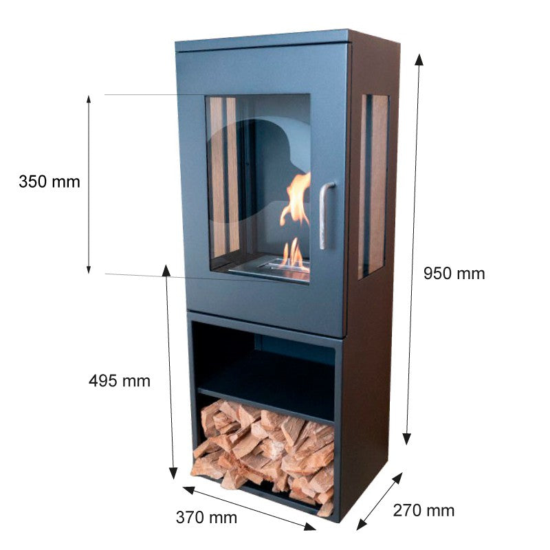 Cheyenne freestanding bioethanol fireplace with glass sides and storage for logs, dimensions visible.