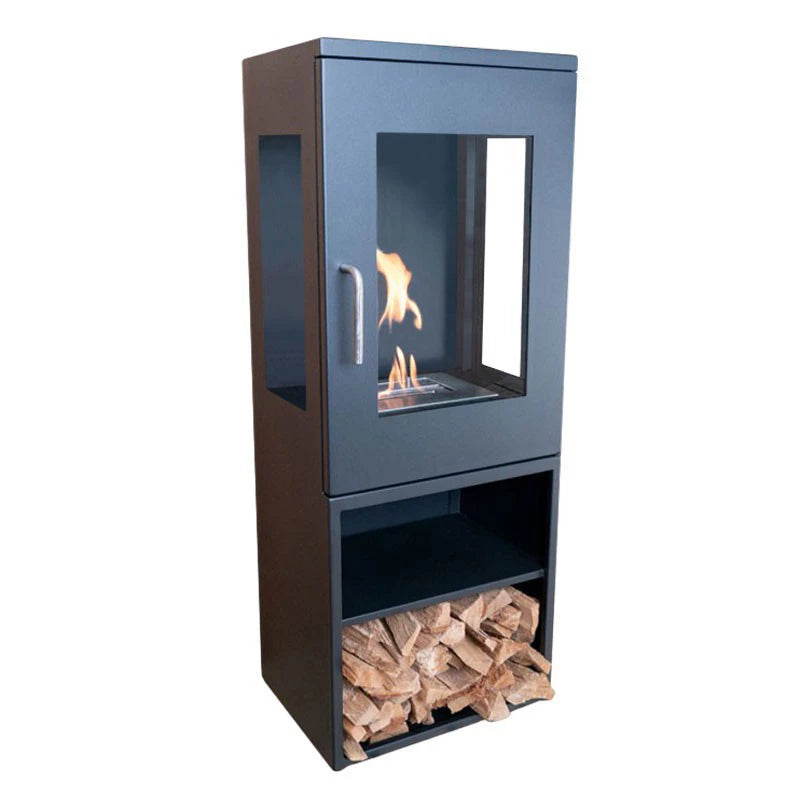 Modern Cheyenne bioethanol stove fireplace with glass on three sides and wood storage underneath.