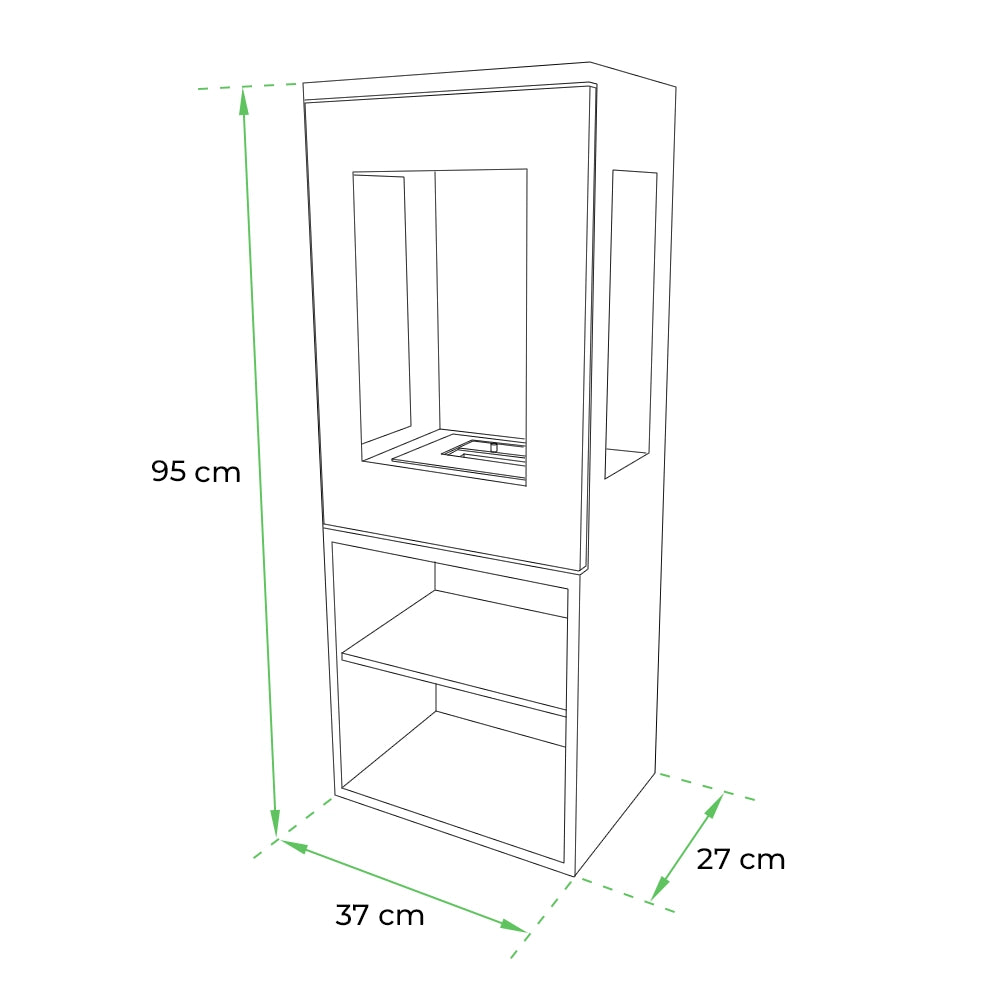 Dimensions of Cheyenne Bioethanol Stove Fireplace showcasing freestanding design with storage shelves and bioethanol burner.