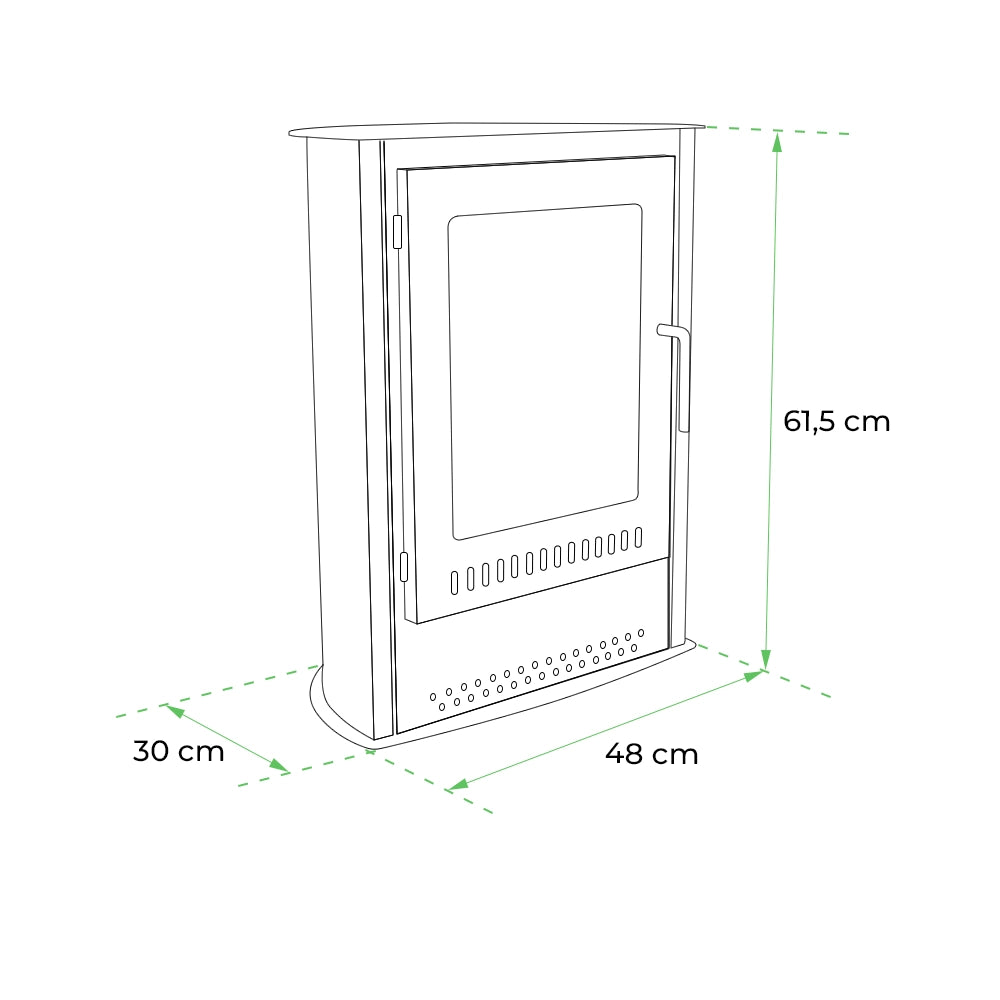 Dimensions of Carson small bioethanol stove fireplace: 61.5 cm height, 48 cm width, 30 cm depth.