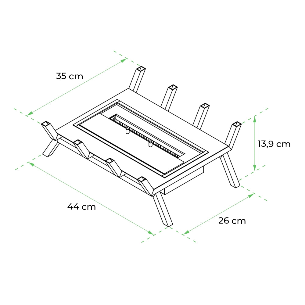 Dimensions of Bioethanol Fire Grate M: 44 cm x 35 cm, height 13.9 cm, depth 26 cm, modern fireplace design.
