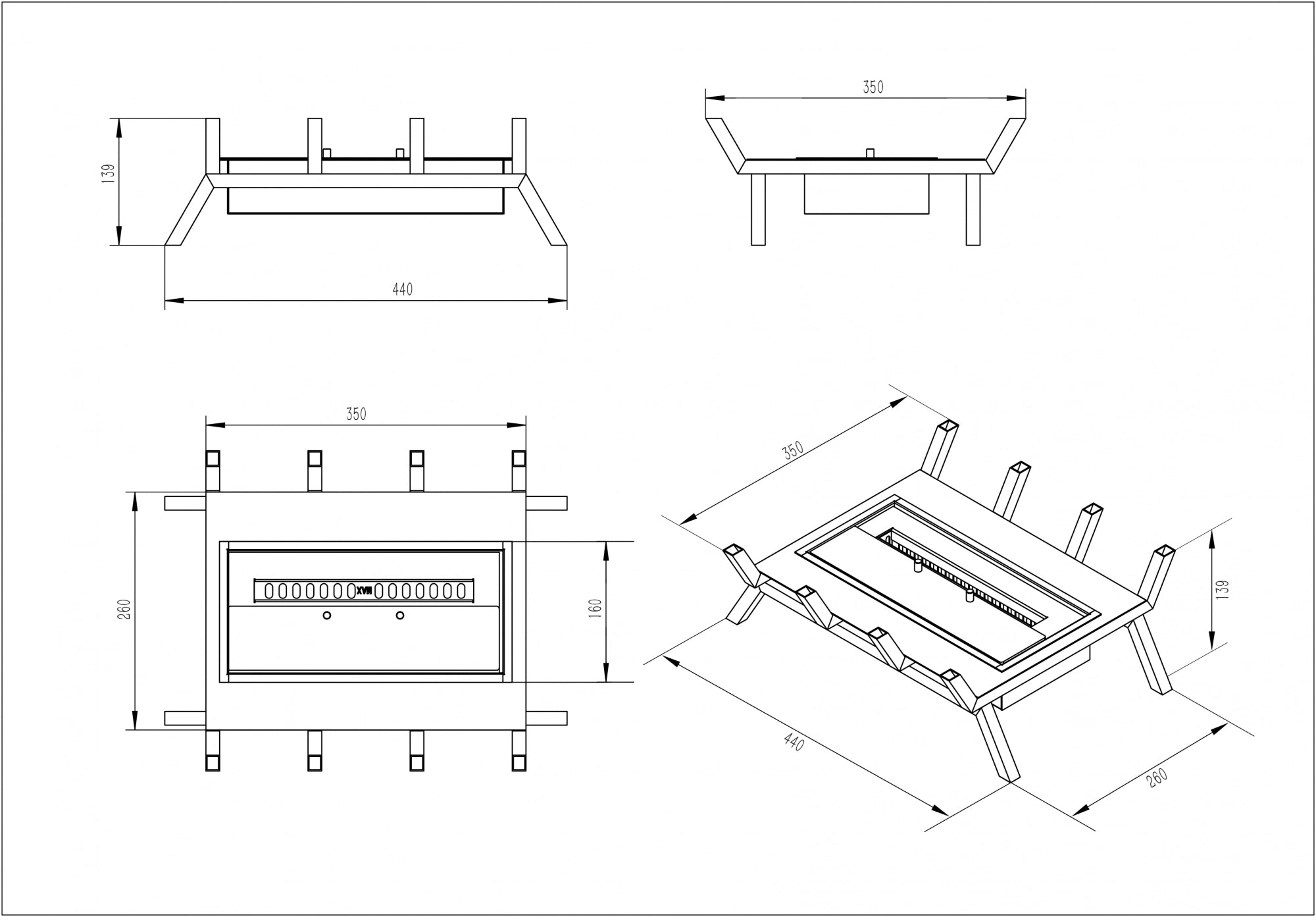 Technical drawing of a Bioethanol Fire Grate M - 40 cm, showing dimensions and design from multiple angles.