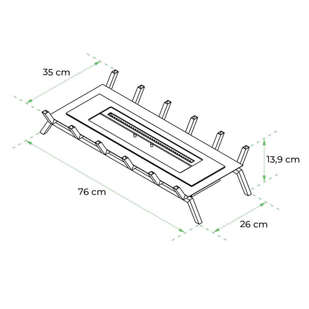 Dimensions of Bioethanol Fire Grate XL: 76 cm x 35 cm x 13.9 cm, ideal for modern fireplaces.