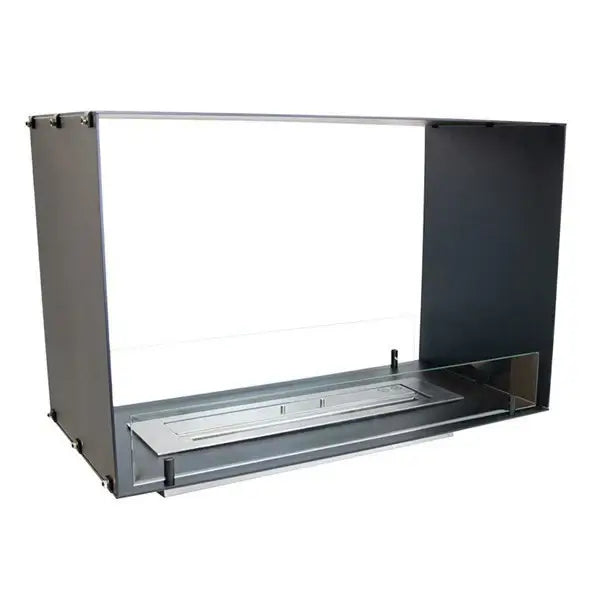 Modern bioethanol fireplace insert made of stainless steel and tempered glass for elegant fire display.