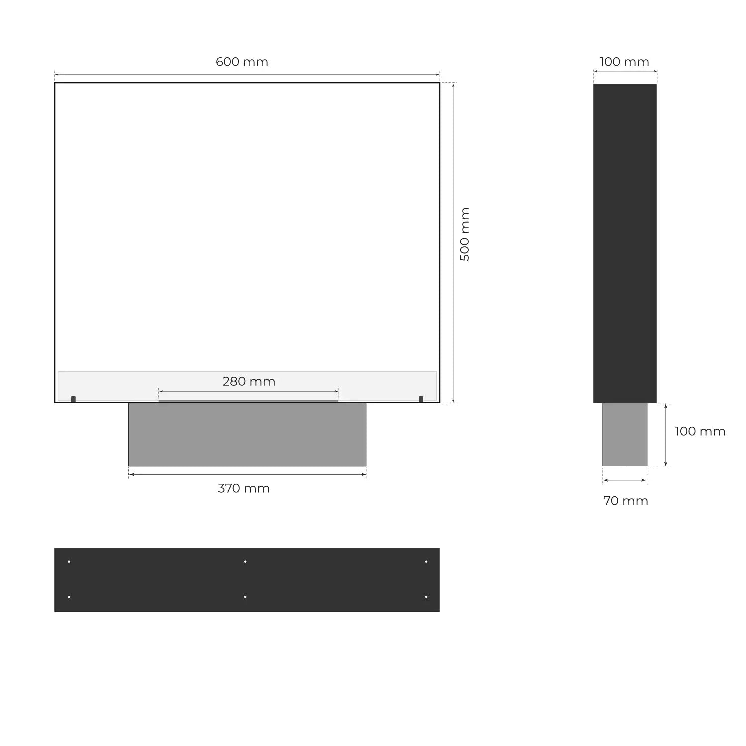 Dimensions diagram of the Fireplace Foco Two 600 Ultra Slim bioethanol fireplace with measurement annotations.