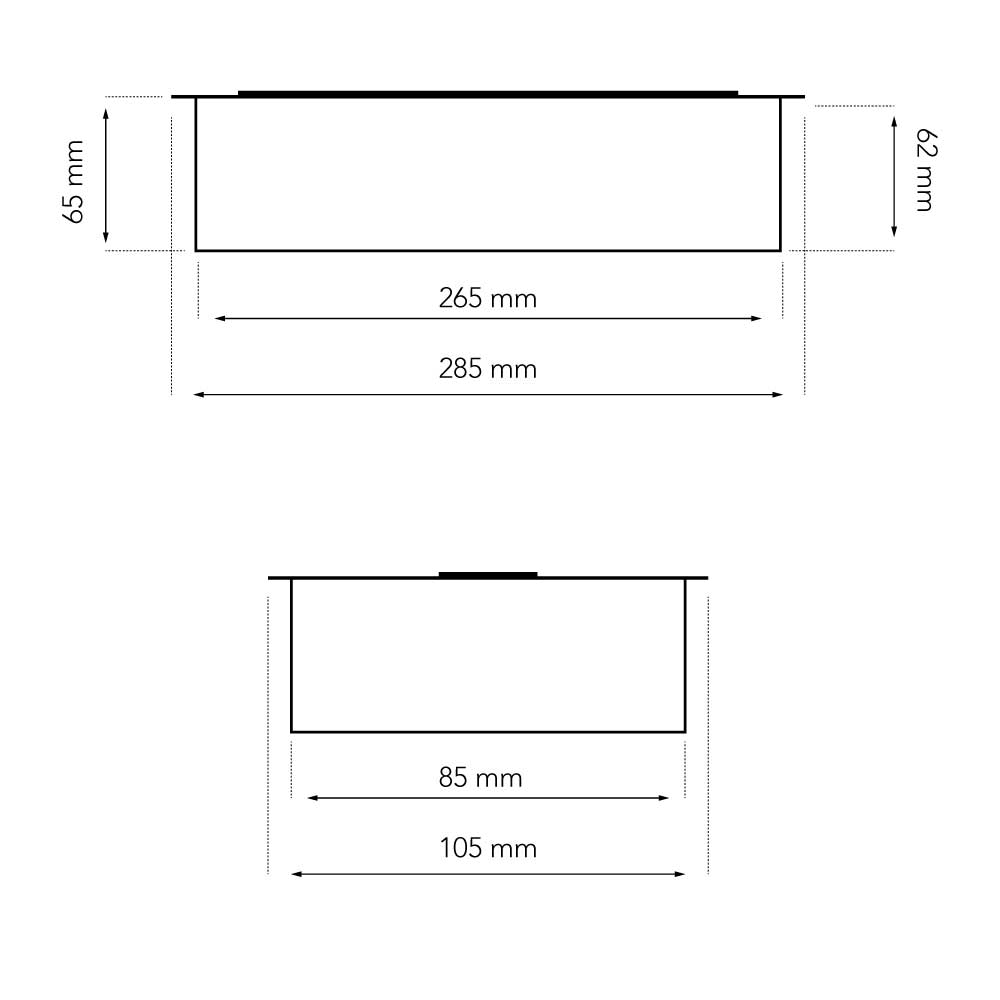 Technical drawing showing dimensions of the Deluxe Bio Burner: 265mm x 65mm and 105mm x 62mm for precise measurements.
