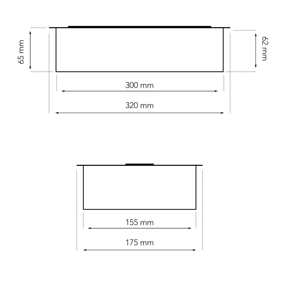 Technical drawing of the Deluxe Bio Burner with dimensions 300mm x 62mm x 65mm and 155mm x 175mm.