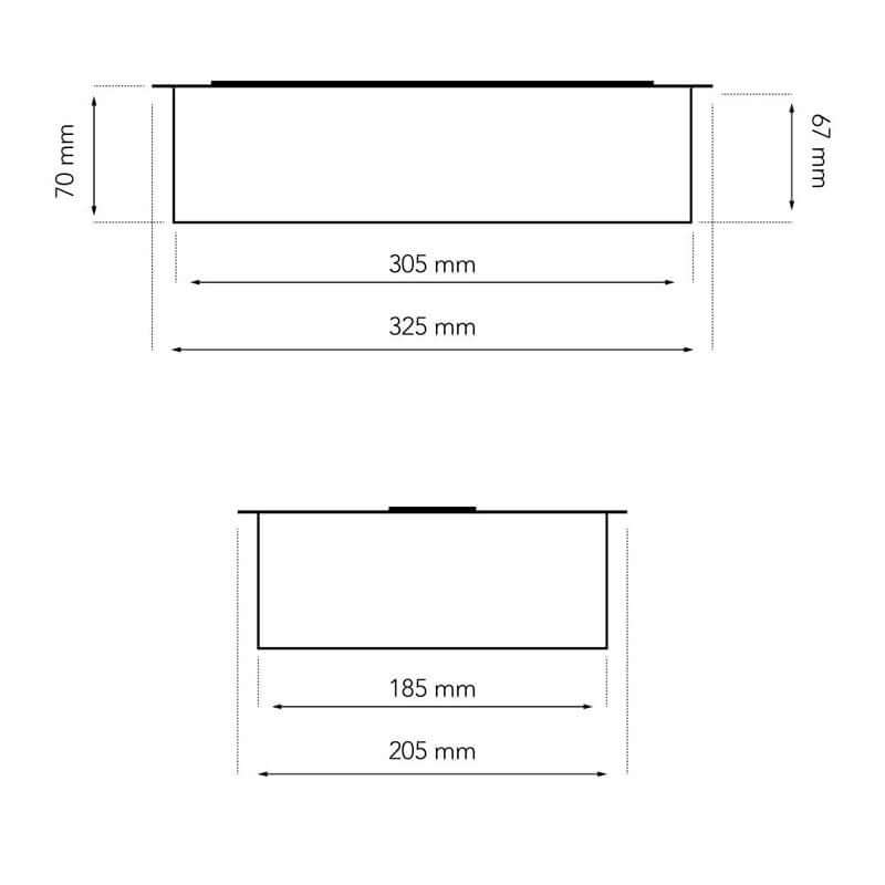 Dimensions diagram of a product showing height 70mm, width 325mm, and two lengths: 305mm and 185mm.