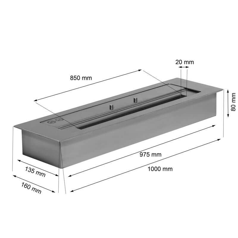 5 Litre Outdoor Superior Burner dimensions, 100 cm long, for bioethanol use, ideal for DIY outdoor fireplaces.