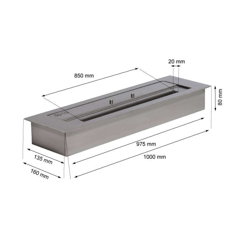 Dimensions and design of a bioethanol fire insert, ideal for modern built-in fireplaces.